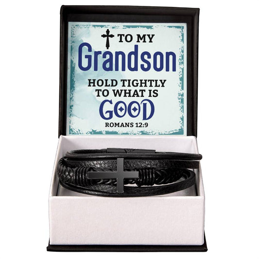 To My Grandson, Hold tightly - Men's Cross - Vegan Leather Bracelet