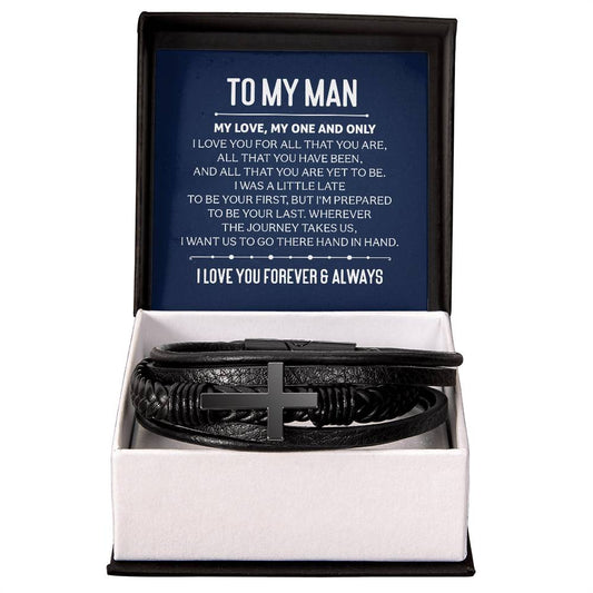 To My Man, My Love, My One and Only - Men's Cross - Vegan Leather Bracelet