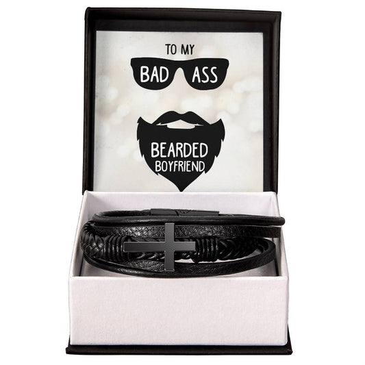 To My BadAss Bearded Boyfriend - Men's Cross - Vegan Leather Bracelet