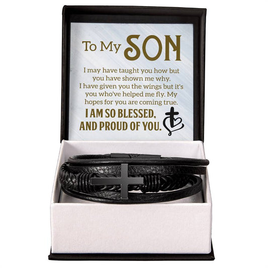 To My Son, I may have taught you how - Men's Cross - Vegan Leather Bracelet