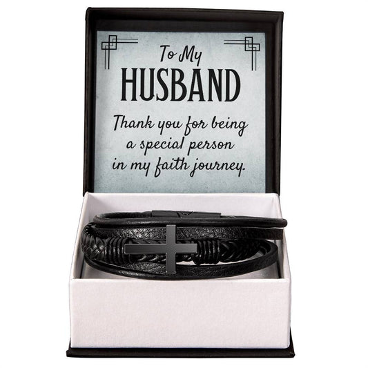 To My Husband, Thank you for being - Men's Cross - Vegan Leather Bracelet