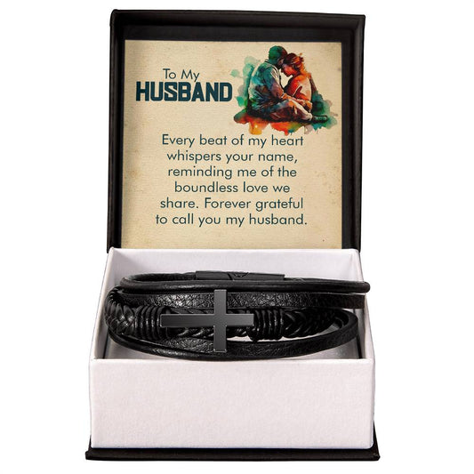 To My Husband, Every beat of my heart - Men's Cross - Vegan Leather Bracelet