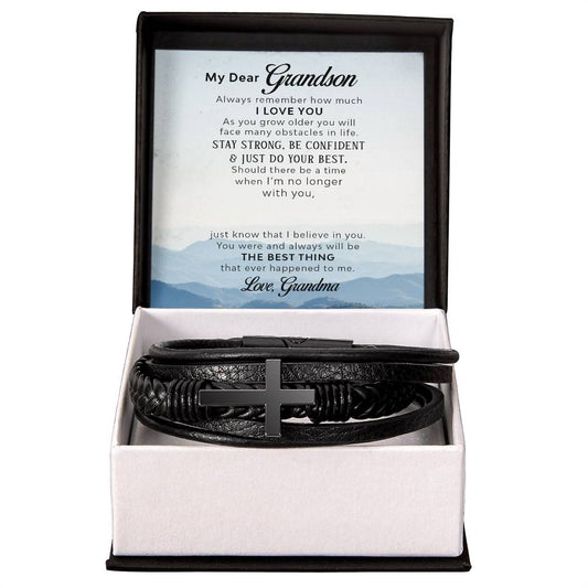 To My Grandson, Always remember how much - Men's Cross - Vegan Leather Bracelet